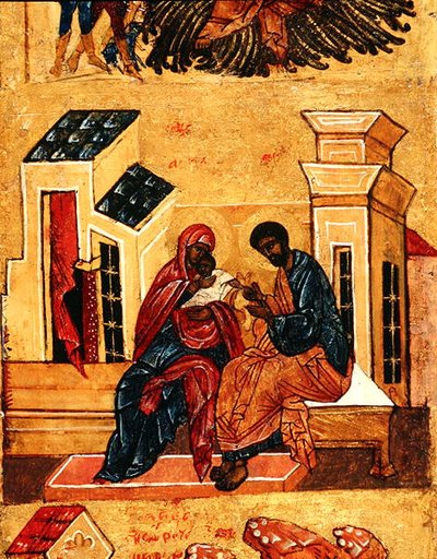 Ícone representando a Virgem com seus pais, Joachim e Anna, c.1550 (tempera e folha de ouro no painel) (detalhe de 314500) de School Russian