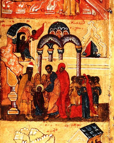 Ícone retratando a infância da Virgem e sua dedicação a Deus, c.1550 (tempera e folha de ouro no painel) (detalhe de 314500) de School Russian