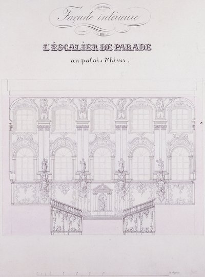 Frente interior das Escadas Desfile do Palácio de Inverno; Fachada interna da Escadaria Desfile no Palácio de Inverno, c.1838 (desenho a caneta e tinta sobre papel) de School Russian