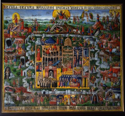 Jerusalém (Israel). Representação da cidade da Terra Santa, com os lugares da vida de Jesus de Nazaré descritos na Bíblia (ascensão ao Templo, paixão, crucificação e ressurreição) bem como a igreja do Santo Sepulcro (ou Basílica da Santa Cruz). de School Russian