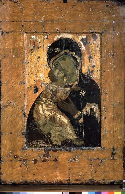 A Virgem de Vladimir (A Virgem de Vladimir). Representação tradicional da Virgem da ternura e do menino Jesus aconchegado no rosto de sua mãe. O ícone ortodoxo mais reverenciado da Rússia, muitas vezes copiado. Ícone bizantino, têmpera de School Russian
