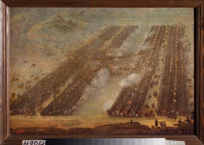 A Batalha de Poltava (Pultawa) a 8 de Julho de 1709 (Linhas de batalha de cavalaria durante a Grande Guerra do Norte (1700-1721), o exército de Pedro I da Rússia (1672-1725) contra as tropas de Carlos (Karl) XII da Suécia (1682-1718). Pintura de um de School Russian