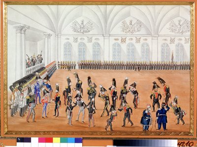 O Desfile da Guarda. Pintura anónima. Aguarela sobre papel, ca. 1820. Arte russa, sátira. A.Pushkin Memorial Museum, São Petersburgo. de School Russian