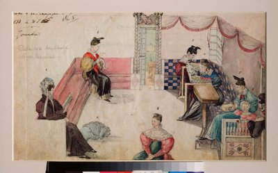 A sala Diwan numa casa senhorial (mulheres e crianças estão reunidas num local enquadrado por canapés, estão a ler ou a coser). Trabalho de um mestre russo, aguarela sobre papel de School Russian