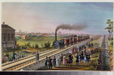 A chegada do primeiro comboio de São Petersburgo a Tsarkoye Selo, 30 de Outubro de 1837. Trabalho de um mestre russo, aguarela sobre papel de School Russian