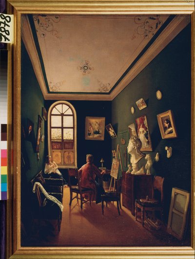 O estúdio do pintor. Pintura por um mestre russo, óleo sobre tela de School Russian