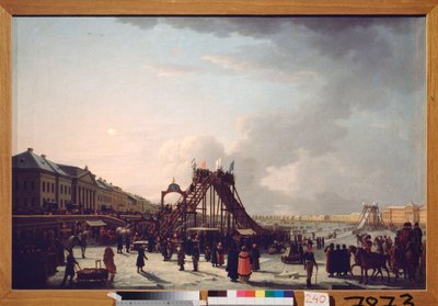 A montanha-russa sobre o rio Neva em São Petersburgo. (slide efémero para a época de Inverno). Pintura por um mestre russo, óleo sobre tela de School Russian