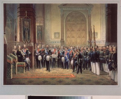 O Juramento de Fidelidade do Czarevich Nicholas Alexandrovich Romanov da Rússia (1843-1865) na Igreja do Exército. Trabalho de um mestre russo, aguarela sobre papel de School Russian