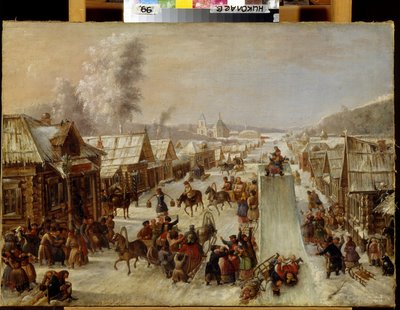 Mardi Gras (Entrudo). Cena de festas tradicionais e regozijos populares em uma rua coberta de neve de uma pequena cidade com casas de madeira. Um tobogã foi montado e os habitantes bebem e se cumprimentam alegremente. pintura anônima, de School Russian