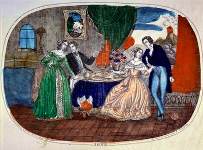 Mondanite: cena de refeições e sedução entre dois casais. Rússia. Gravura por volta de 1850. Coleção Particular de School Russian