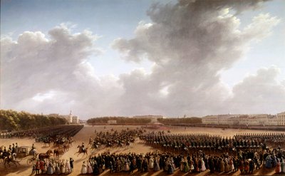 Desfile nos Champs de Mars, em primeiro plano Alexander Pushkin (Pushkin) (1799-1837) e Nicolas I (1796-1855) em um cavalo indo para a frente da imperatriz em uma carruagem em Paris Pintura da Escola Russa. 1825-1830. São Petersburgo, Museu de de School Russian