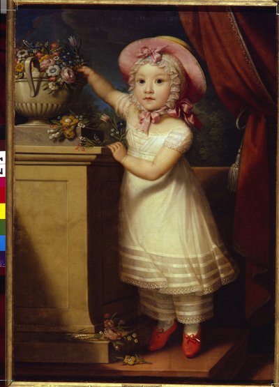 Retrato de Ekaterina Dmitrievna Obreskova (1822-1874). (Retrato de Ekaterina Dmitrievna Obreskova). Uma garotinha, elegante e preciosa, fica na ponta dos pés para pegar algumas flores de um buquê. Pintura anônima, óleo sobre tela, v de School Russian