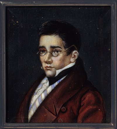 Retrato do dramaturgo Alexander Sergeyevich Griboiedov (Alexander S. Griboyedov) (1795-1829). Obra de um mestre russo, aquarela e guache no chifre, por volta de 1820 Arte russa de School Russian