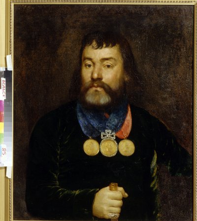 Retrato do poeta Constantin Zlobin (1777-1813). Orgulhosamente usando três medalhas de ouro e diamante no pescoço. Pintura anônima, óleo sobre tela, início do século XIX. arte russa de School Russian