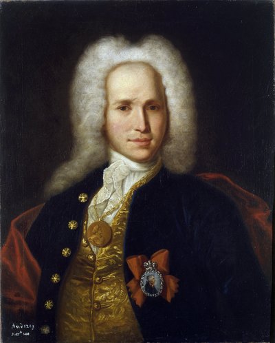 Retrato do Cientista, Engenheiro Militar e Inventor Andrey Nartov (1683-1756). (Retrato do Cientista, Engenheiro Militar e Inventor A. Nartov). Pintura anónima, óleo sobre tela, ca. 1725. Arte russa de School Russian