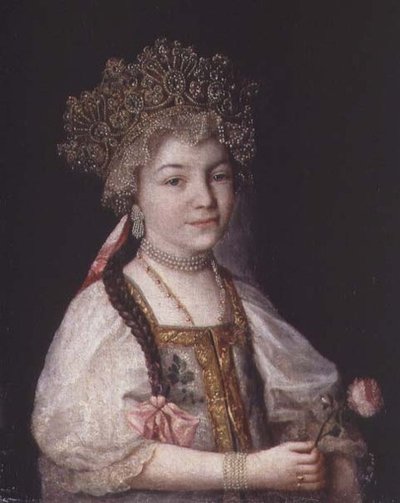 Retrato de Alexandra Pavlovna em Traje Nacional Russo, c.1790 (óleo sobre tela) de School Russian