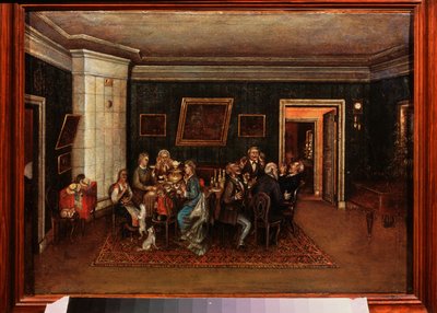 Recepção da noite (cena da vida quotidiana, família e amigos reunidos à volta da mesa de jantar). Pintura por um mestre russo, óleo sobre tela, meados do século XIX. Museu Literário Central do Estado, Moscovo. de School Russian