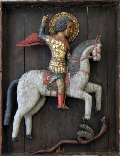 Ícone russo: São Jorge e o Dragão. Madeira, tempera de School Russian
