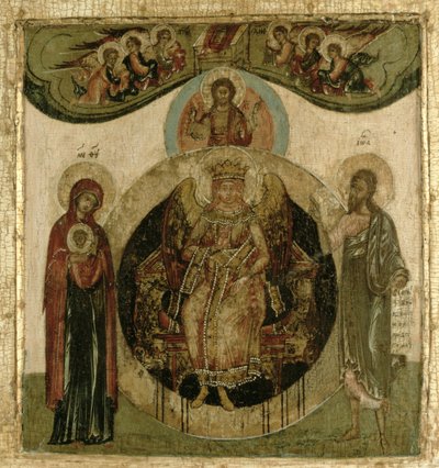 Ícone russo de Sophia, a Santa Sabedoria, entronizada sob a forma de um anjo de asas ardentes (painel) de School Russian
