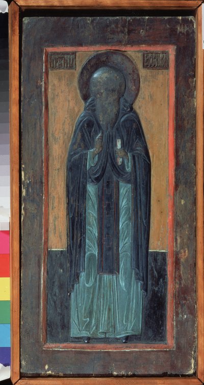 São Zosimus de Solovki (falecido em 1478). Ícone russo, madeira talhada policromada, meados do século XVI. Arte tradicional russa antiga do Norte. Museu Regional de Arte Aplicada e de Belas Artes, Smolensk (Rússia). de School Russian