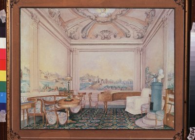 Sala de recepção em uma mansão. Obra de um mestre russo, aquarela sobre papel de School Russian