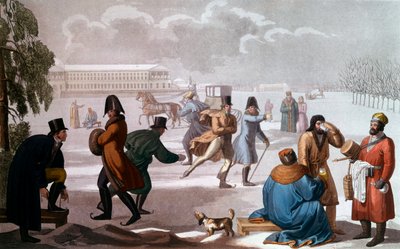 Patinadores em São Petersburgo. Litografia, escola russa de School Russian