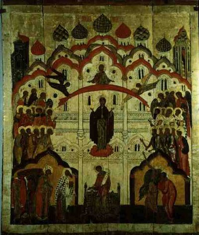 A Intercessão, da Igreja da Intercessão em Karelia (tempera no painel) de School Russian