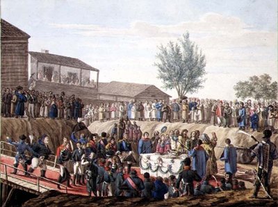 A Colocação da Primeira Pedra da Alfândega em Mohiloff em 1820 (aguarela sobre papel) de School Russian