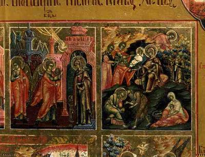 A Ressurreição e a Descida ao Inferno, detalhe da Margem das Festas retratando a Anunciação e a Natividade (tempera no painel) de School Russian