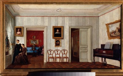 Uma pequena sala com um piano (e duas mulheres a olhar pela janela). Pintura por um mestre russo, óleo sobre tela, meados do século XIX. Galeria Estadual Tretyakov, Moscovo. de School Russian