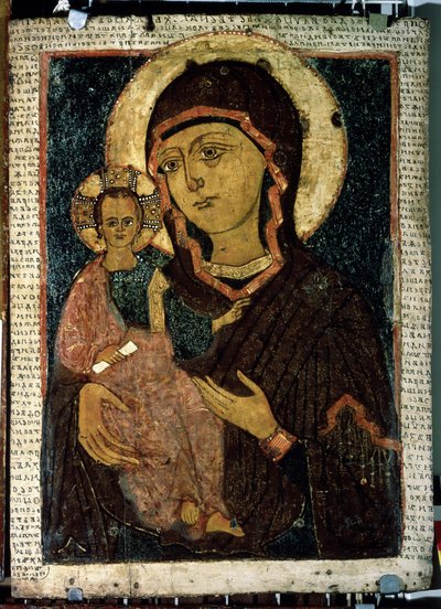 "Virgem Hodegetria" (Hodigitria) A Virgem Maria e o Menino Jesus com uma cruz na auréola. ícone russo. Pintura em madeira do final do século XIII. Galeria Estadual Tretyakov, Moscovo de School Russian