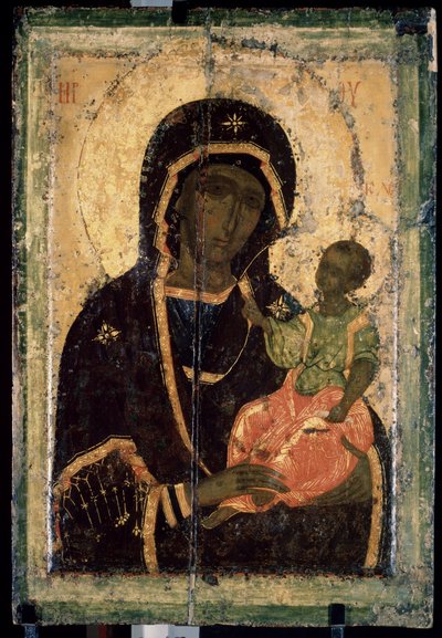 ""Virgem Hodegetria (Hodigitria)"" ícone russo. Pintura em madeira. cerca de 1360. Galeria Estatal Tretyakov, Moscou de School Russian