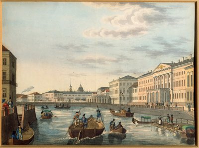 Vista do rio Fontanka em São Petersburgo. Obra anónima, Litografia, colorida em aguarela, ca. 1820. Arte russa de School Russian