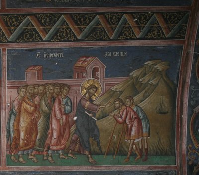 Jesus curando dois cegos, Patriarcado de Peć (fresco) de School Serbian