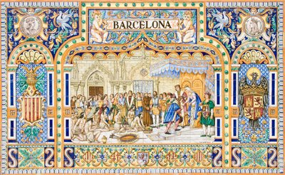 Chegada de Cristóvão Colombo a Barcelona em 1493, na corte do rei Fernando II e da rainha Isabel I de Castela (azulejos) de School Spanish