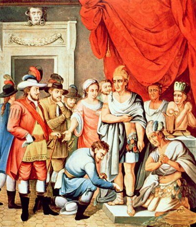 Hernan Cortes ordena a colocação de grilhões nos tornozelos de Montezuma (cor litho) de School Spanish