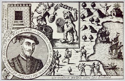 Espanhóis sob o domínio de Juan de Grijalva desembarcam em Yucatan e enfrentam guerreiros maias na Batalha de Champoton, maio de 1518 (litho) de School Spanish