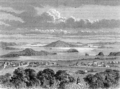 Vista do porto de Auckland, ilustração de "The Return to the World" (O Retorno ao Mundo) de School Spanish