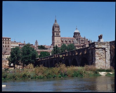 Vista da ponte romana sobre o rio, Tormes e catedral de School Spanish