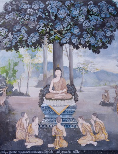 Fresco representando uma cena da vida de Buda, templo Wat Phra That Doi Suthep (fresco) de School Thai