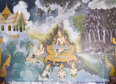 Fresco representando uma cena da vida de Buda, templo Wat Phra That Doi Suthep de School Thai