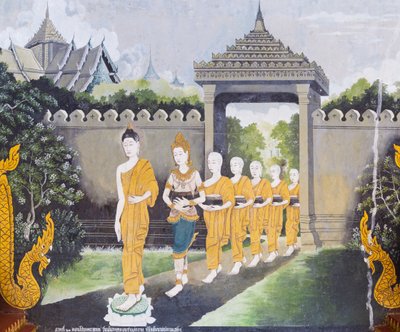 Fresco representando uma cena da vida de Buda, templo Wat Phra That Doi Suthep de School Thai