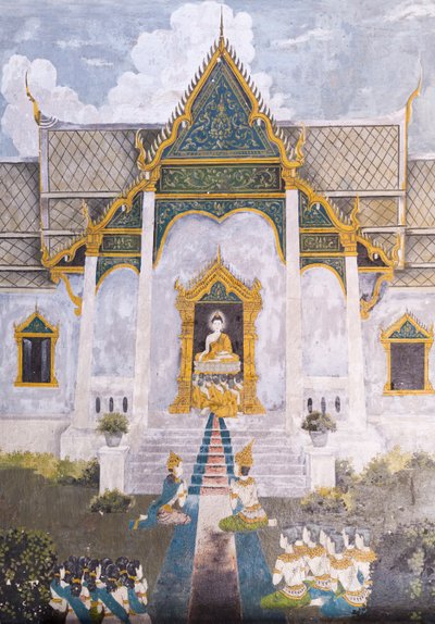Fresco representando uma cena da vida de Buda, templo Wat Phra That Doi Suthep de School Thai