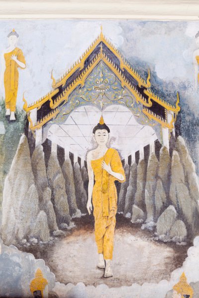Fresco representando uma cena da vida de Buda, templo Wat Phra That Doi Suthep (fresco) de School Thai