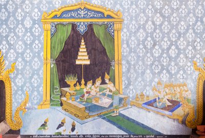 Fresco representando uma cena da vida de Buda, templo Wat Phra That Doi Suthep de School Thai