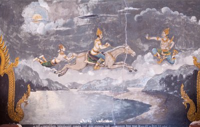 Fresco representando uma cena da vida de Buda, templo Wat Phra That Doi Suthep (fresco) de School Thai