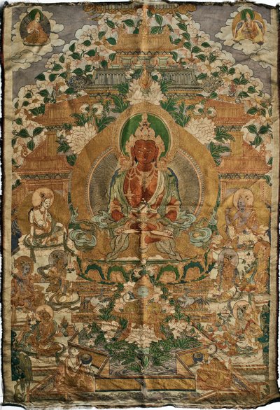 Amitabha (buda da terra pura) - pintura tibetana, pigmentos e ouro sobre tecido, final do século XIX, 74x51 cm - (Amitayus Buddha Thangka, cultura tibetana, pigmentos e ouro sobre tecido, final do séc. de School Tibetan