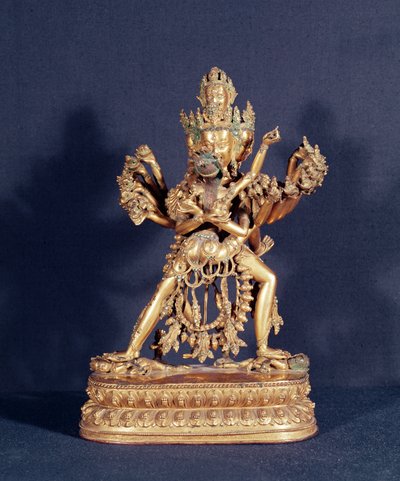 Hevajra e Nairatmya (bronze dourado com incrustação de prata) de School Tibetan