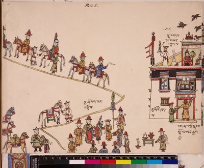 Ilustração de uma parte de uma cerimónia de casamento: a noiva é recolhida em sua casa, c.1844 - 62 (pigmentos sobre papel) de School Tibetan
