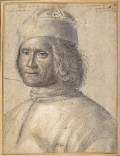 Retrato do busto de um homem barbudo com um boné, segurando um livro contra o peito, final do século 15 ao início do século 16 (giz preto com toques de vermelho no papel) de School Venetian